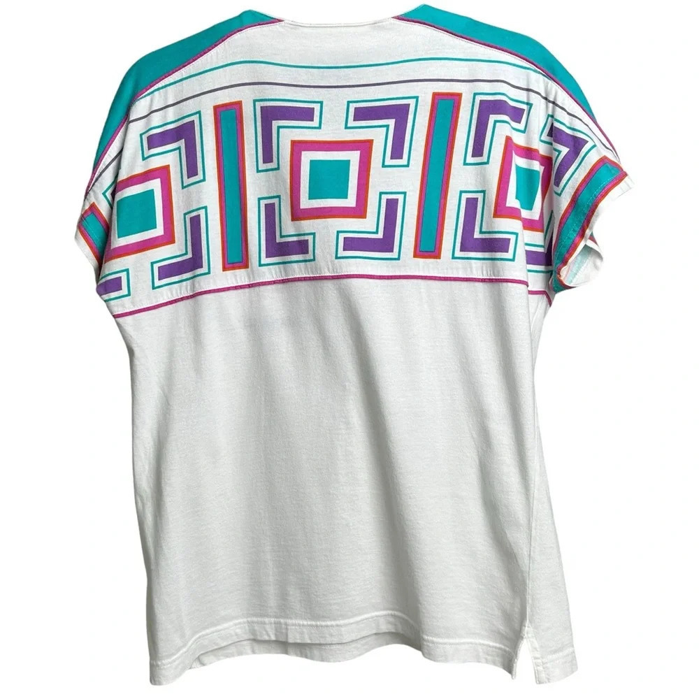 Vintage Le Coq Sportif Size Medium Geometric 80s T Shirt Top Tennis Athletic - Picture 5 of 11